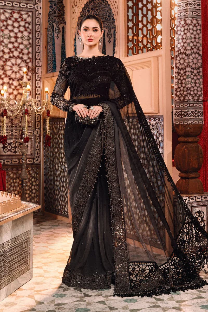 Black saree party wear Unstitched MBROIDERED - Grey and Black (BD - 2504) - Aarrzo