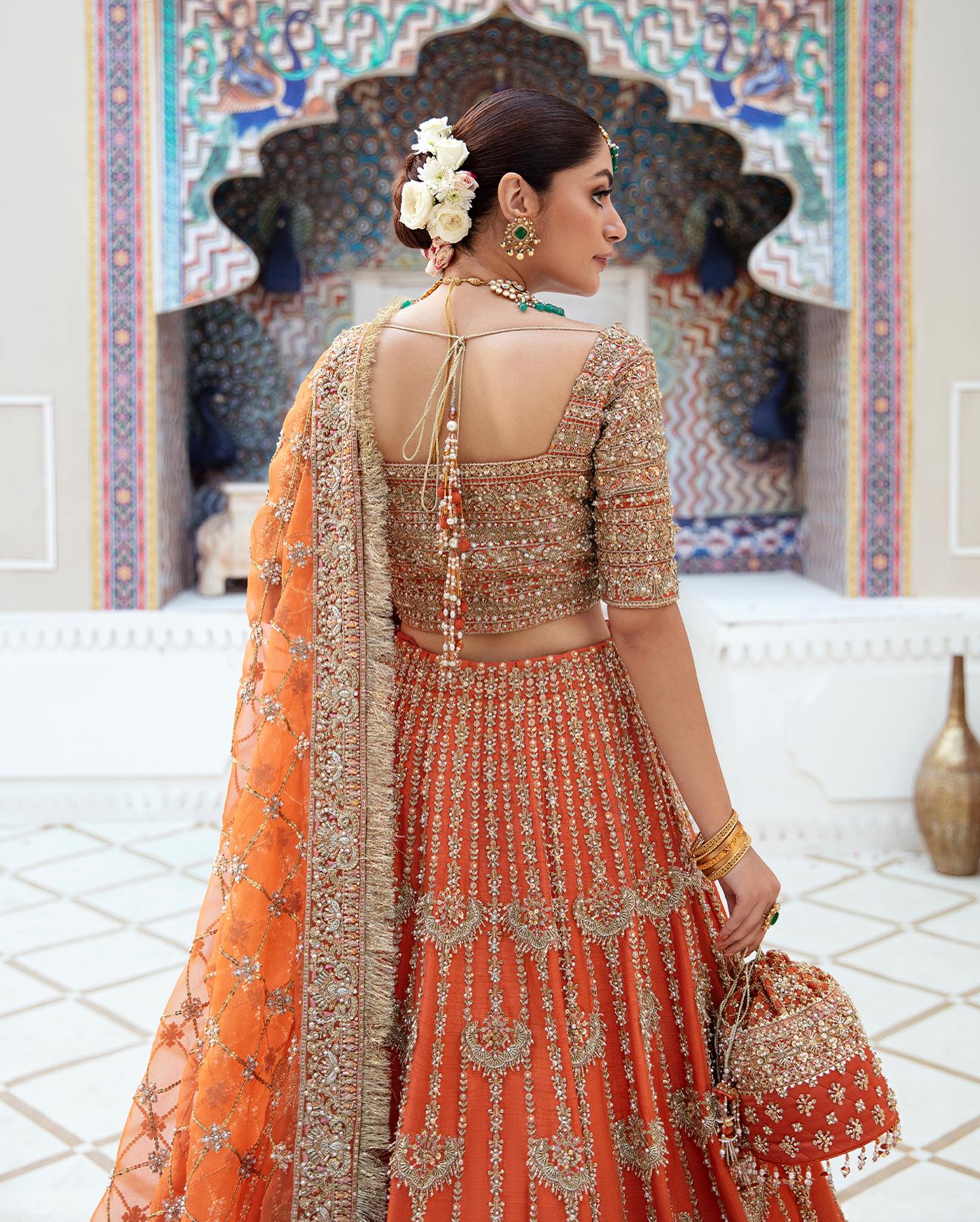 Classic Orange Heavily Embellished Pakistani and Indian Wedding Dress Lehenga Choli - Aarrzo