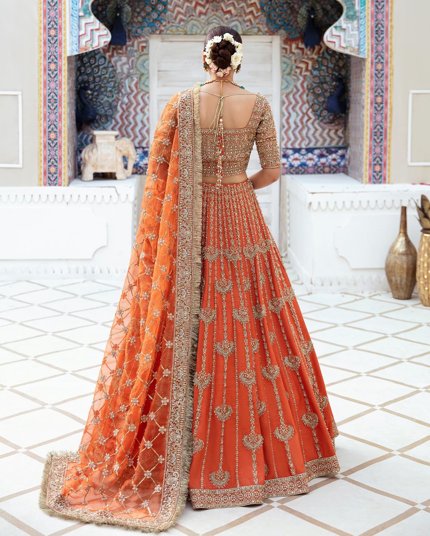 Classic Orange Heavily Embellished Pakistani and Indian Wedding Dress Lehenga Choli - Aarrzo