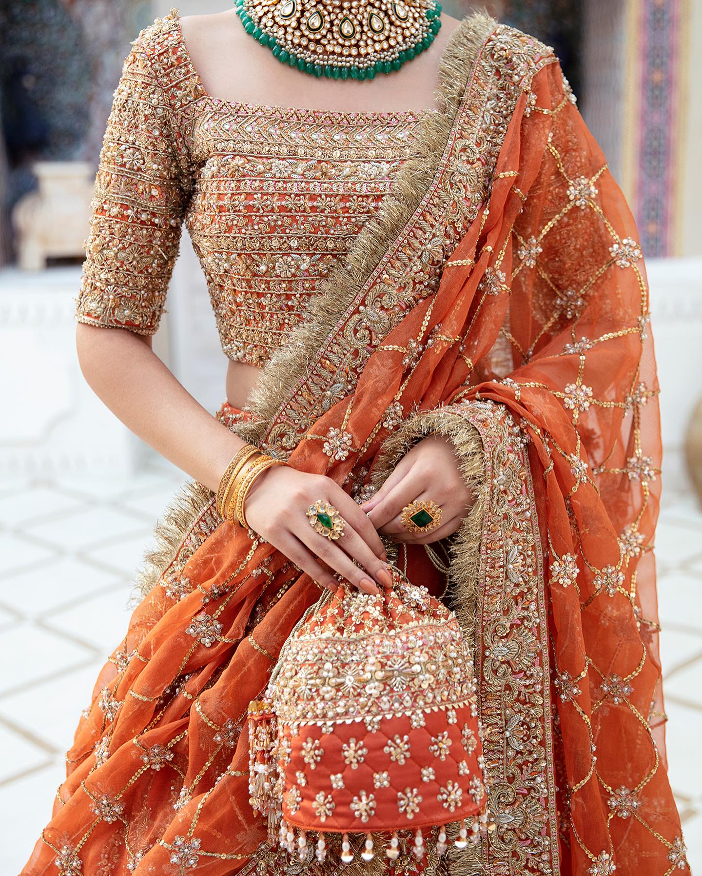 Classic Orange Heavily Embellished Pakistani and Indian Wedding Dress Lehenga Choli - Aarrzo