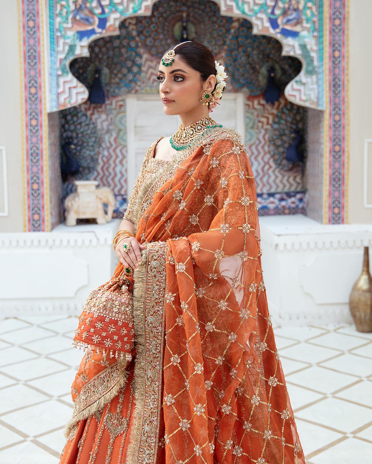 Classic Orange Heavily Embellished Pakistani and Indian Wedding Dress Lehenga Choli - Aarrzo