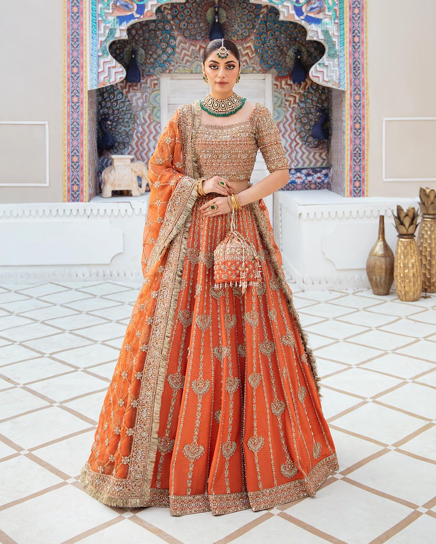 Classic Orange Heavily Embellished Pakistani and Indian Wedding Dress Lehenga Choli - Aarrzo